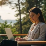 İstanbul Havalimanı'na yakın otelde doğa manzarasında laptopuyla çalışan şık giyimli bir profesyonel