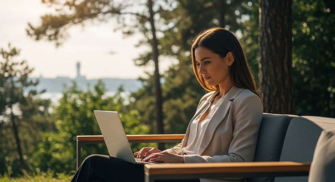 İstanbul Havalimanı'na yakın otelde doğa manzarasında laptopuyla çalışan şık giyimli bir profesyonel
